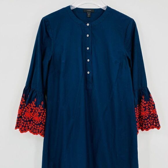 J. Crew Size XS Navy Blue & Red Eyelet Bell Sleeve Shift Dress - Picture 3 of 10